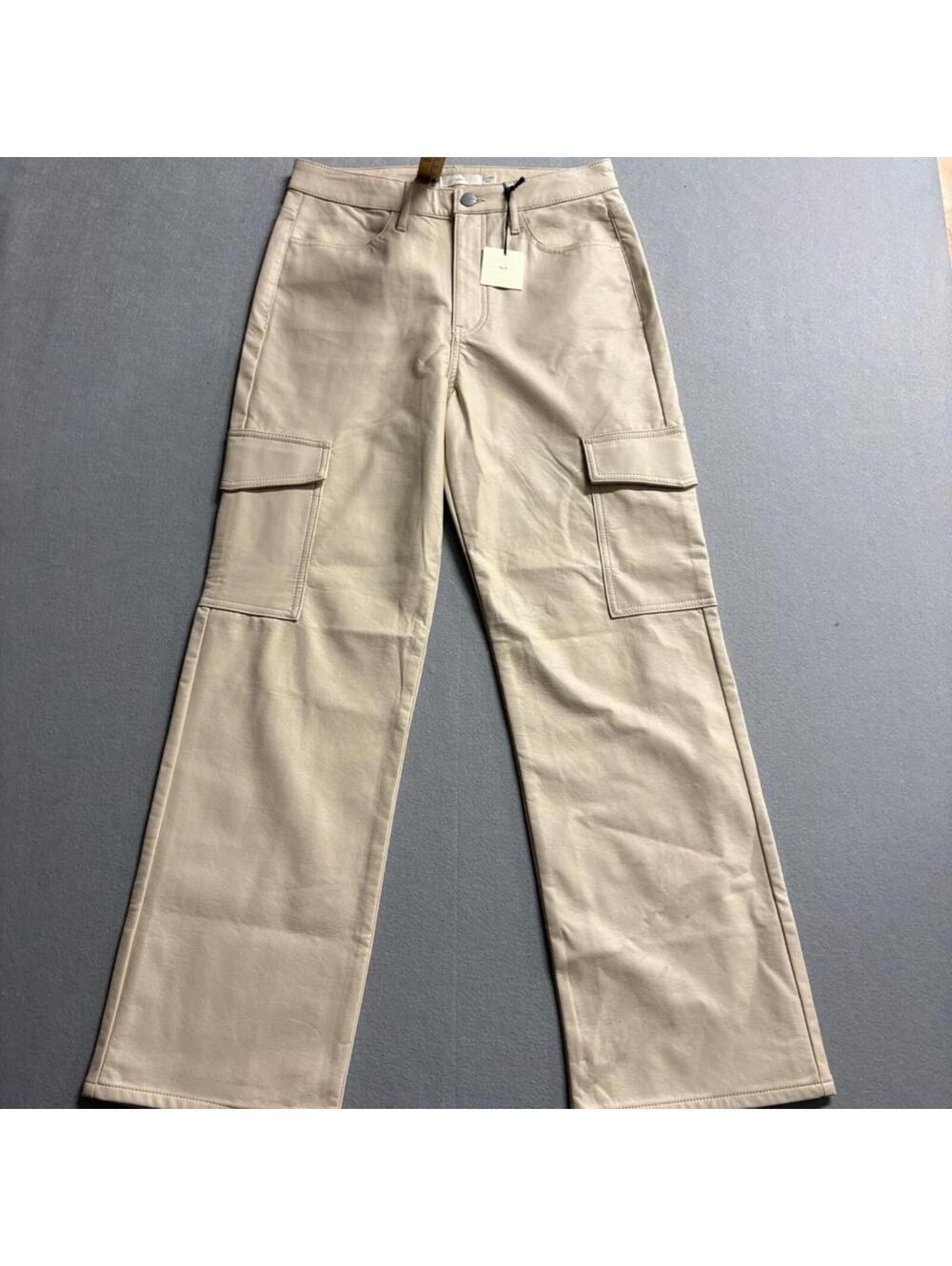 Tgla Faux Leather Cargo Pants Womens 11/30 Beige Wide Leg High Rise NWT